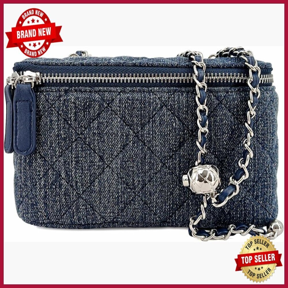 Mini Quilted Denim Crossbody Bag, Adjustable Chain Strap, Boxy Vanity Case